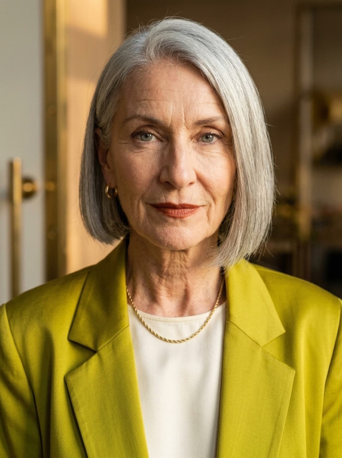 iris direct-to-camera editorial portrait, chartreuse blazer, gold huggie hoops