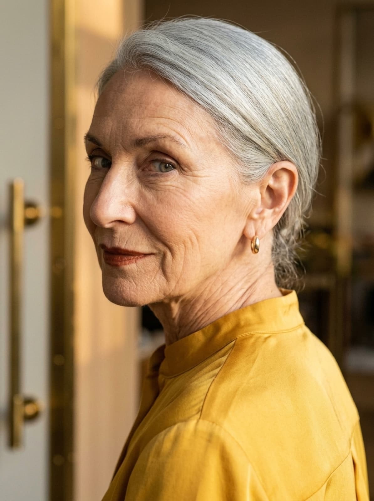 iris glancing back over her shoulder, editorial bold styling