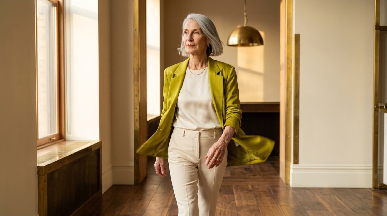 iris in mid-stride down a hallway, magazine fashion editorial composition