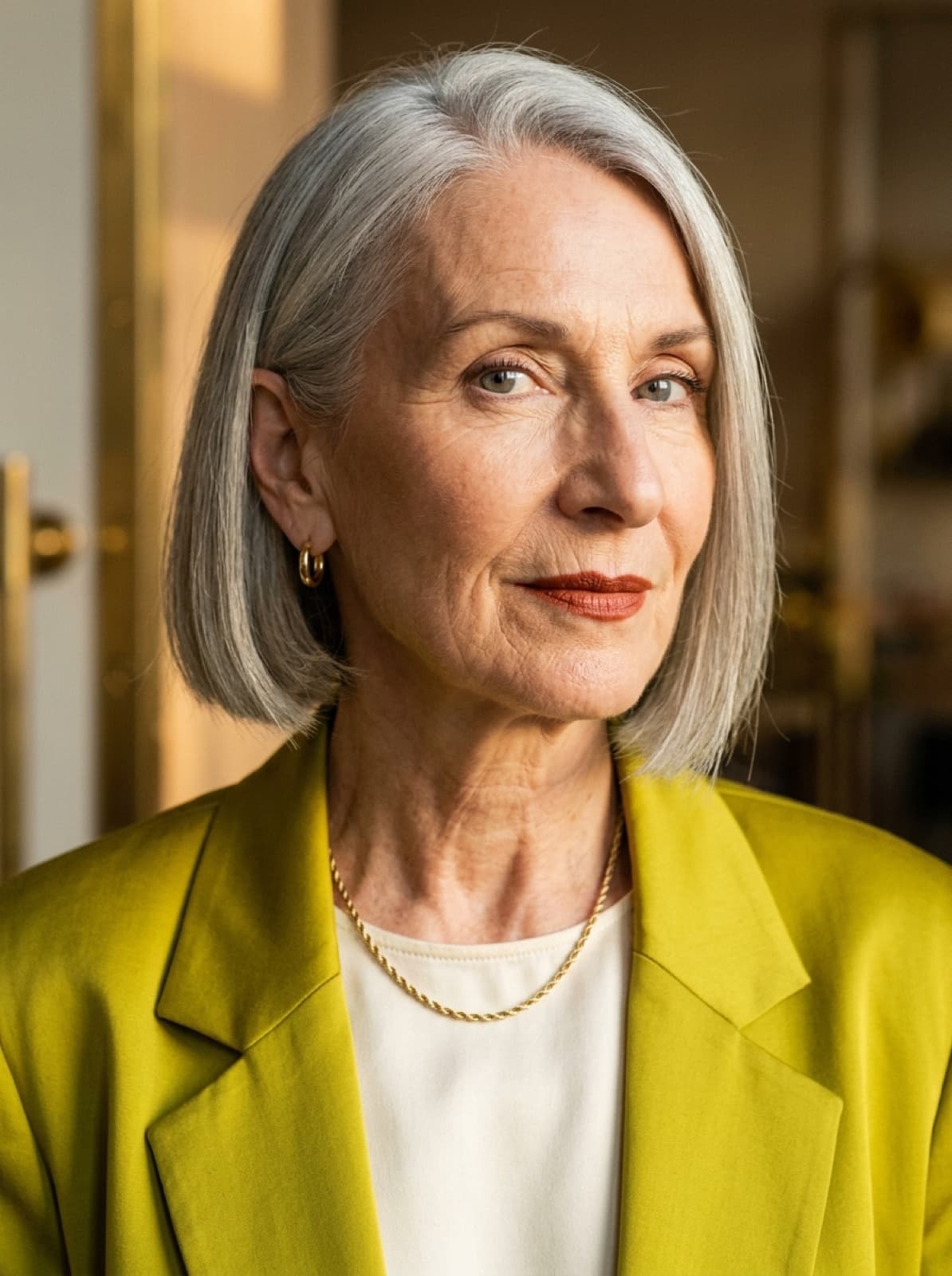 iris — eighty-year-old ai house model in chartreuse silk blazer, vogue-editorial aesthetic, hazel eyes, silver bob