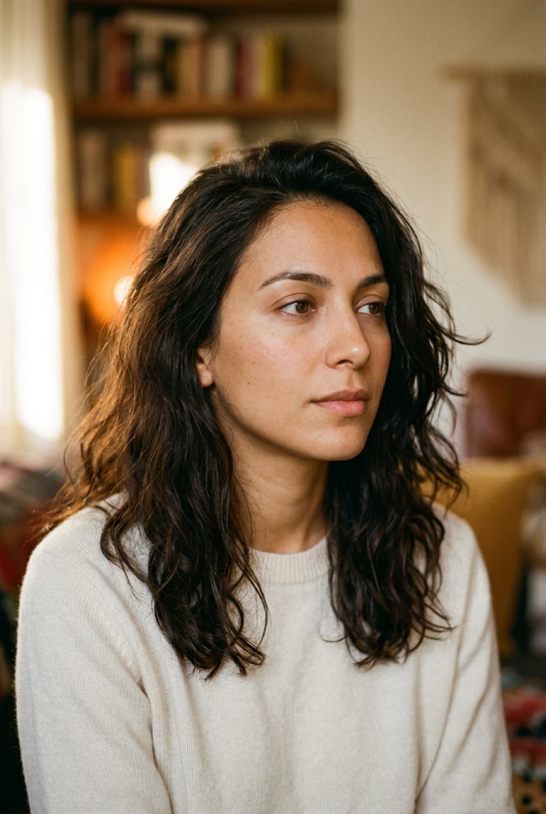 mira — warm earthy ai house model, soft natural light portrait, cream and walnut palette, contemplative