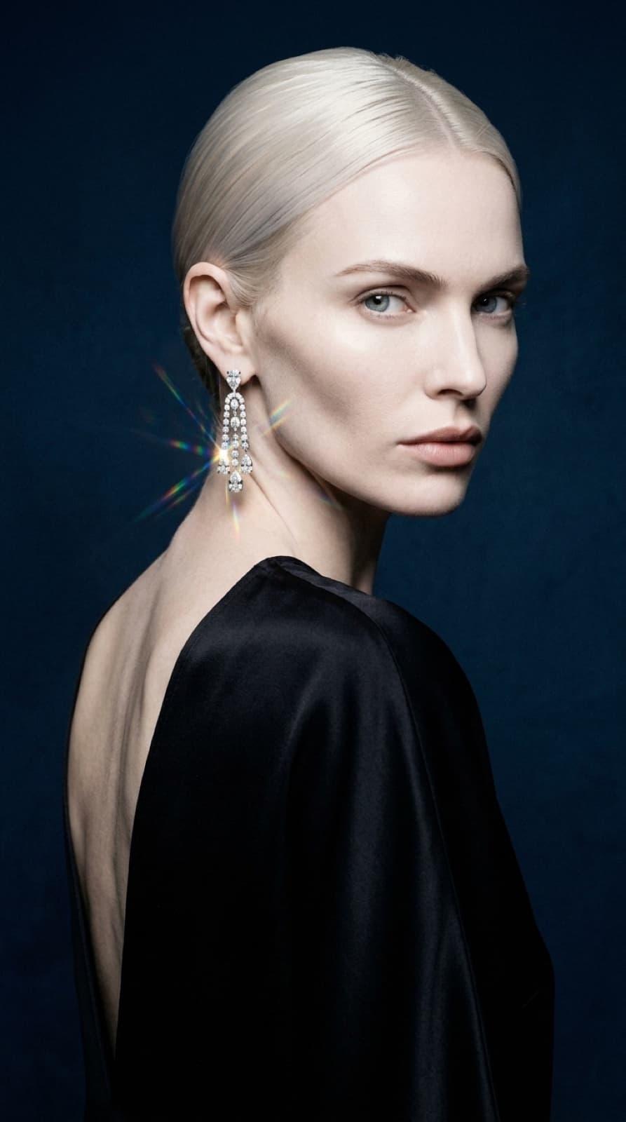 selene over the shoulder, statement diamond drop earring, cold luxury composition