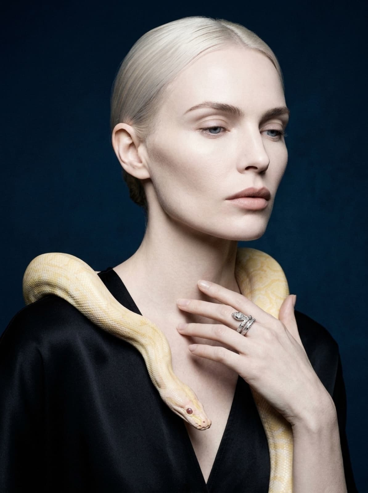 selene editorial portrait with albino python, serpent diamond ring, vault aesthetic
