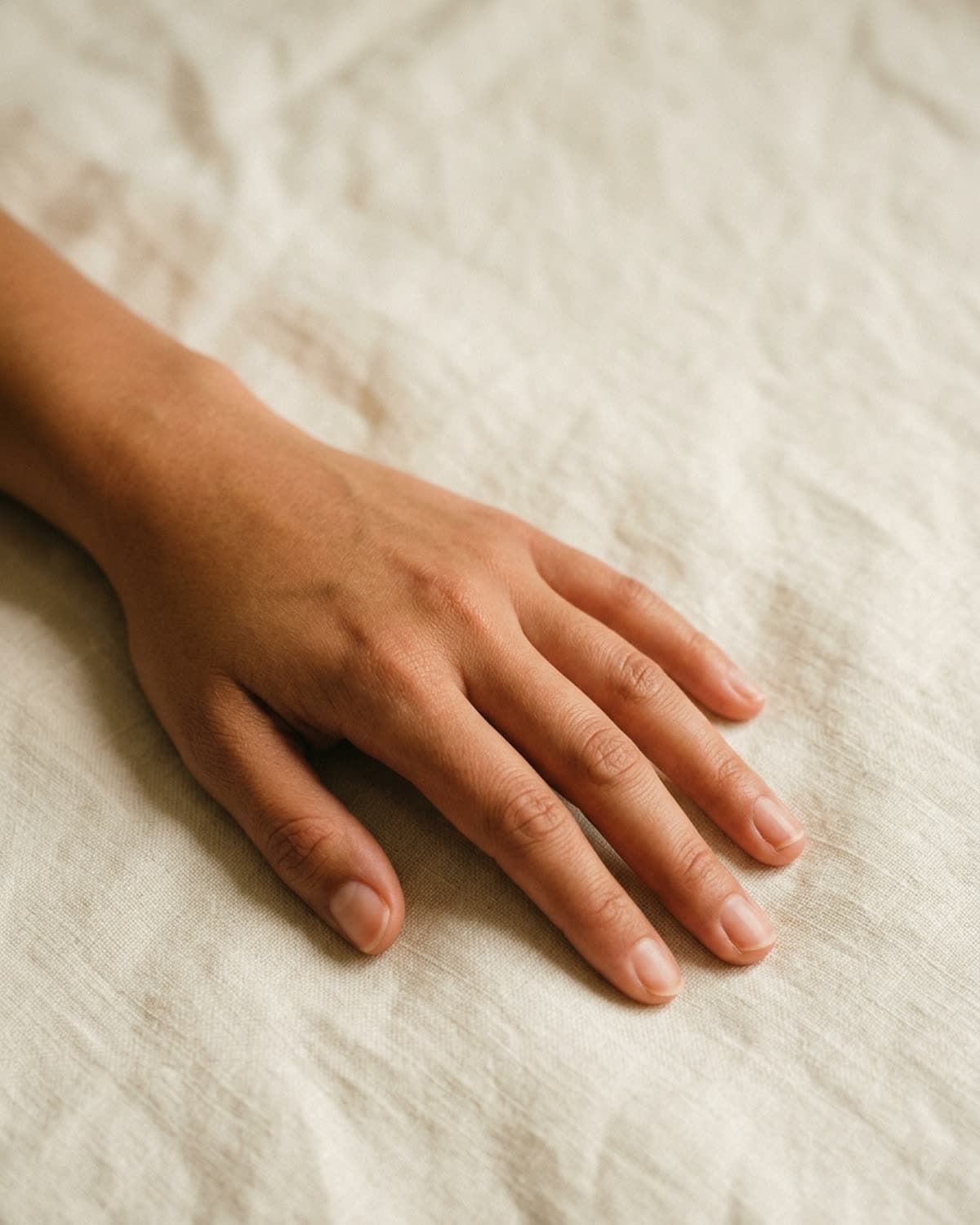 hand resting palm-down on cream linen with relaxed fingers, off-center composition with negative space at top-right