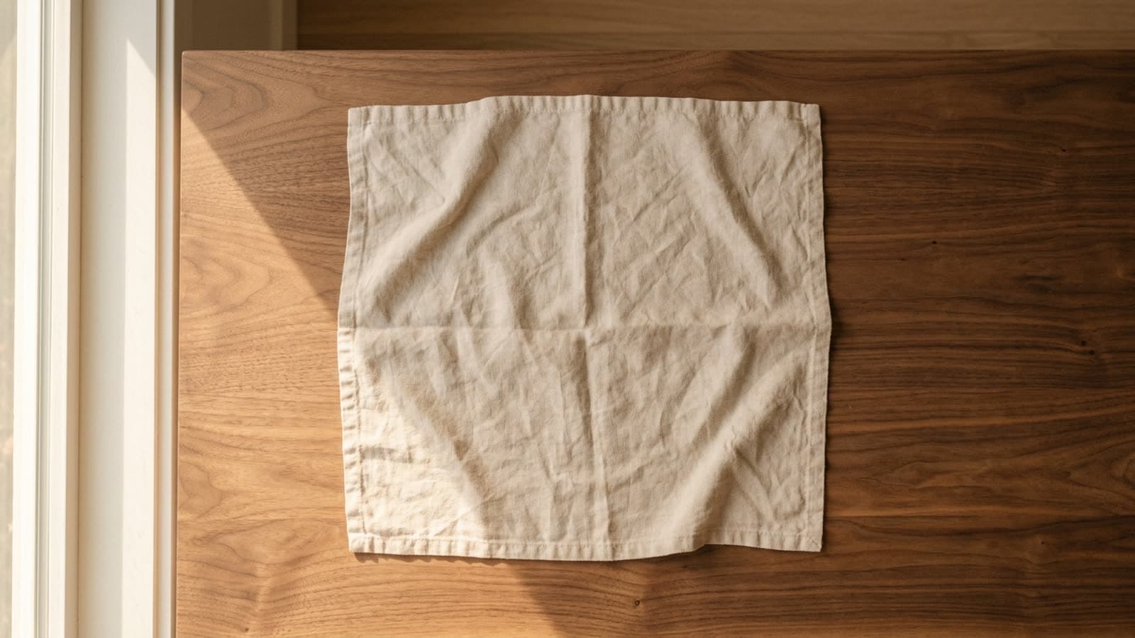 empty cream linen napkin laid on warm walnut wood near a window, late afternoon golden-hour light streaming in from the left