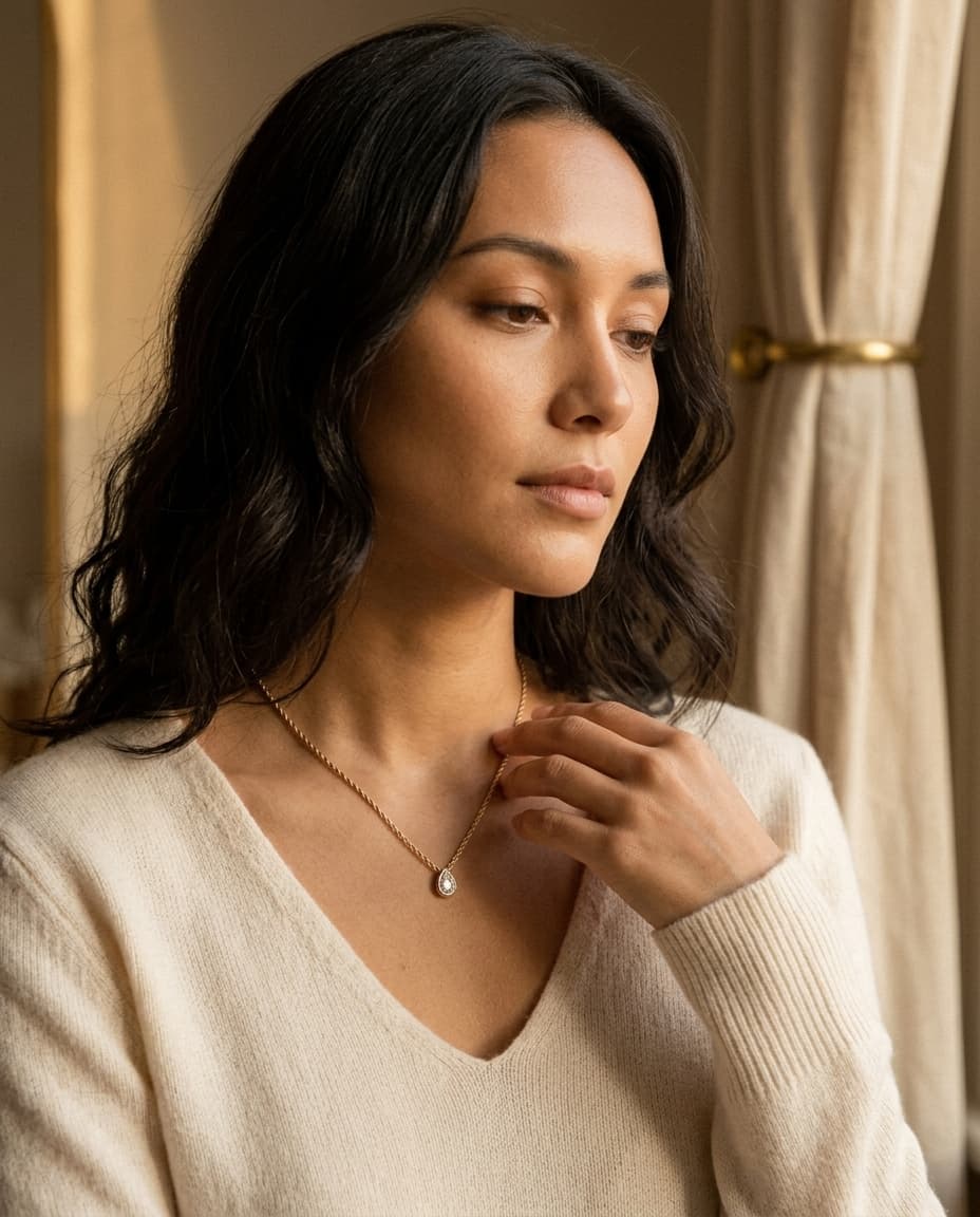 editorial campaign photo of the same gold rope chain necklace worn at the collarbone of a model in a cream knit sweater, soft golden hour window light