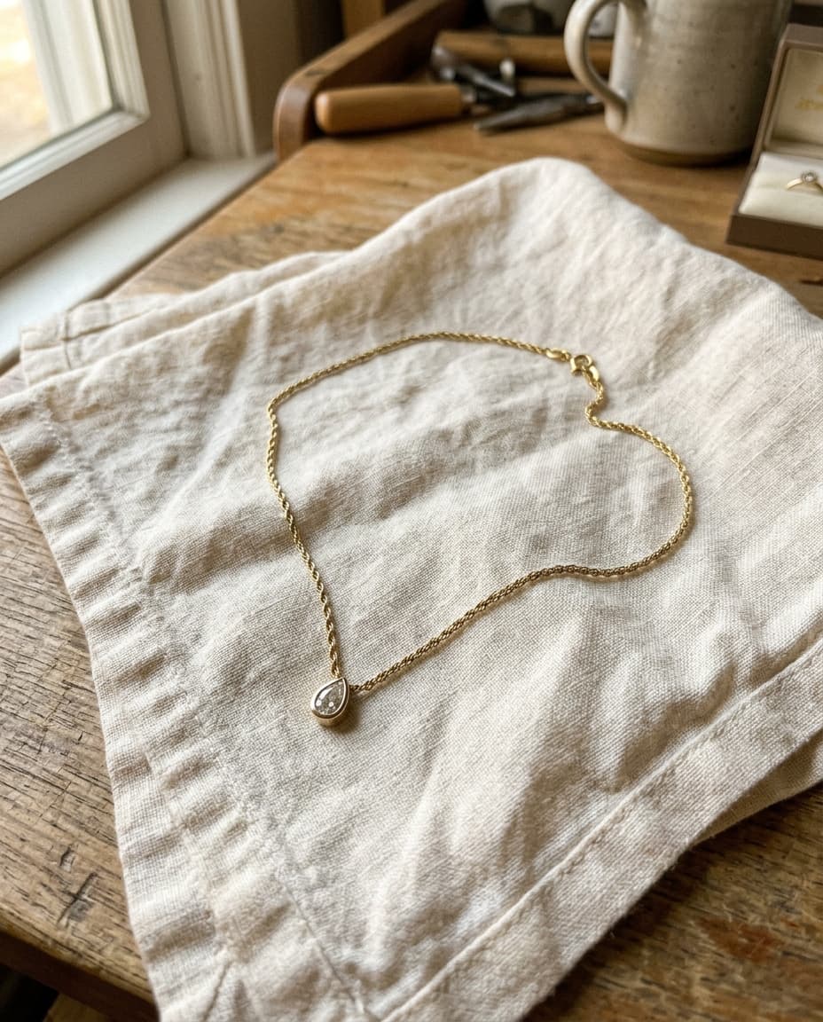 iphone photo of a delicate gold rope chain necklace with a bezel-set diamond teardrop pendant resting on cream linen on a jeweler's workbench