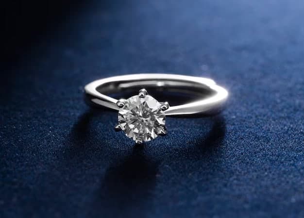 Photo d’une bague solitaire sur du velours bleu nuit