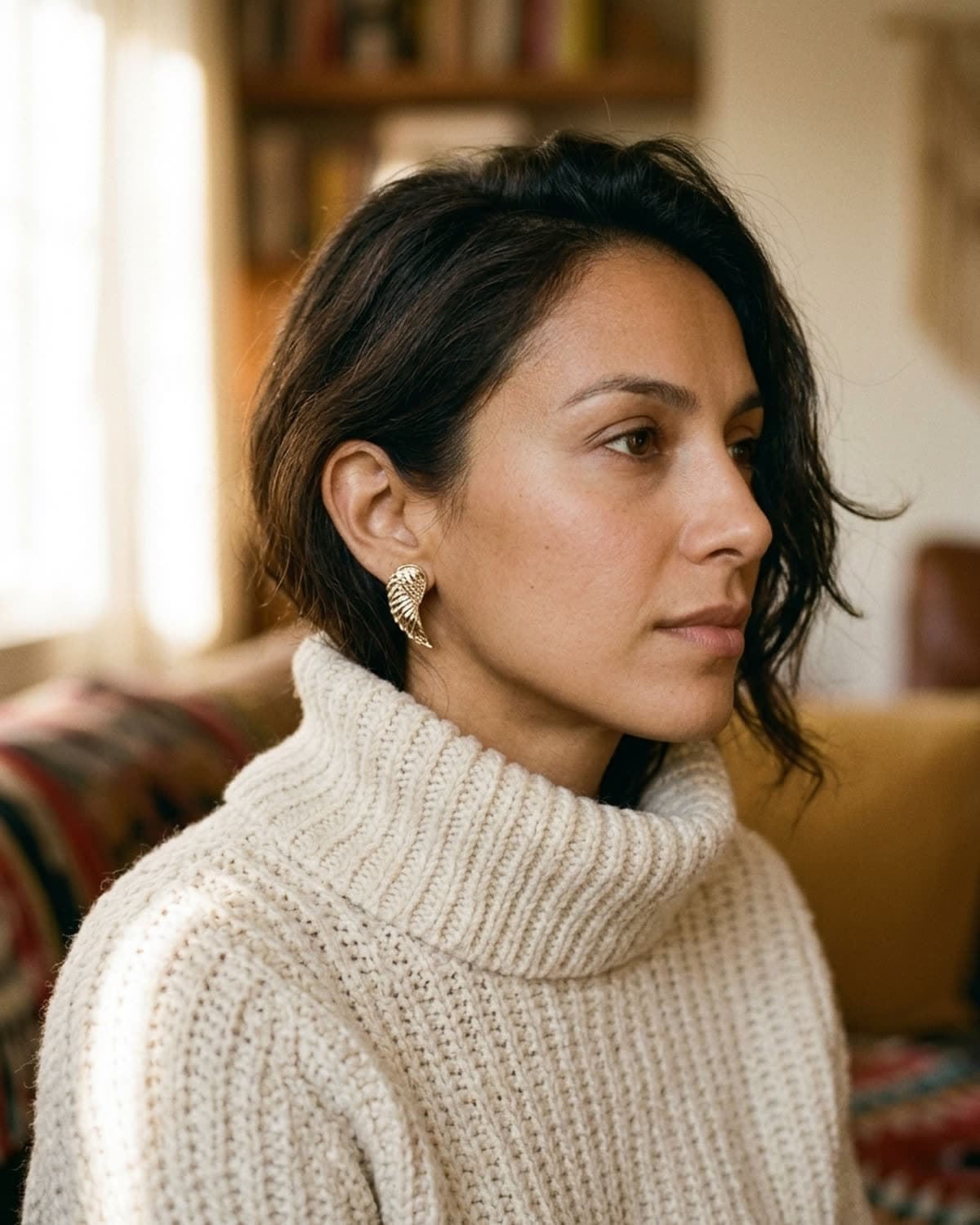 earring photographed with bling ai — cream knit sweater