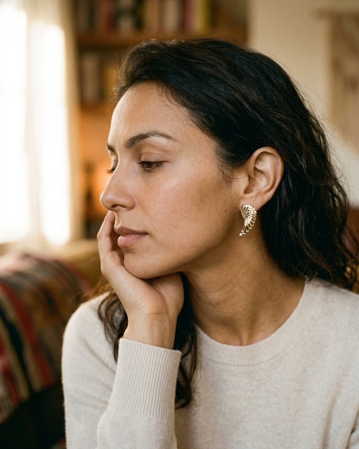 earring photographed with bling ai — hand-to-jaw portrait