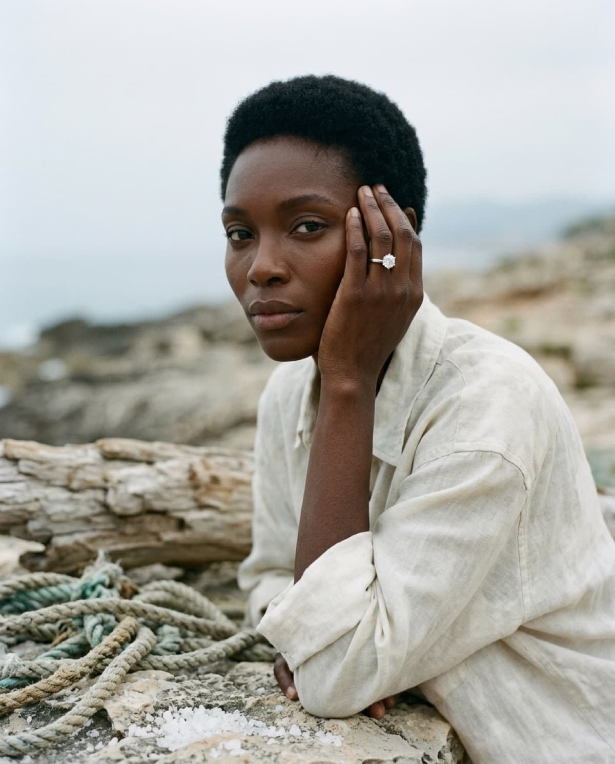 lifestyle photographed with bling ai — naomi on the rocks, salt and rope