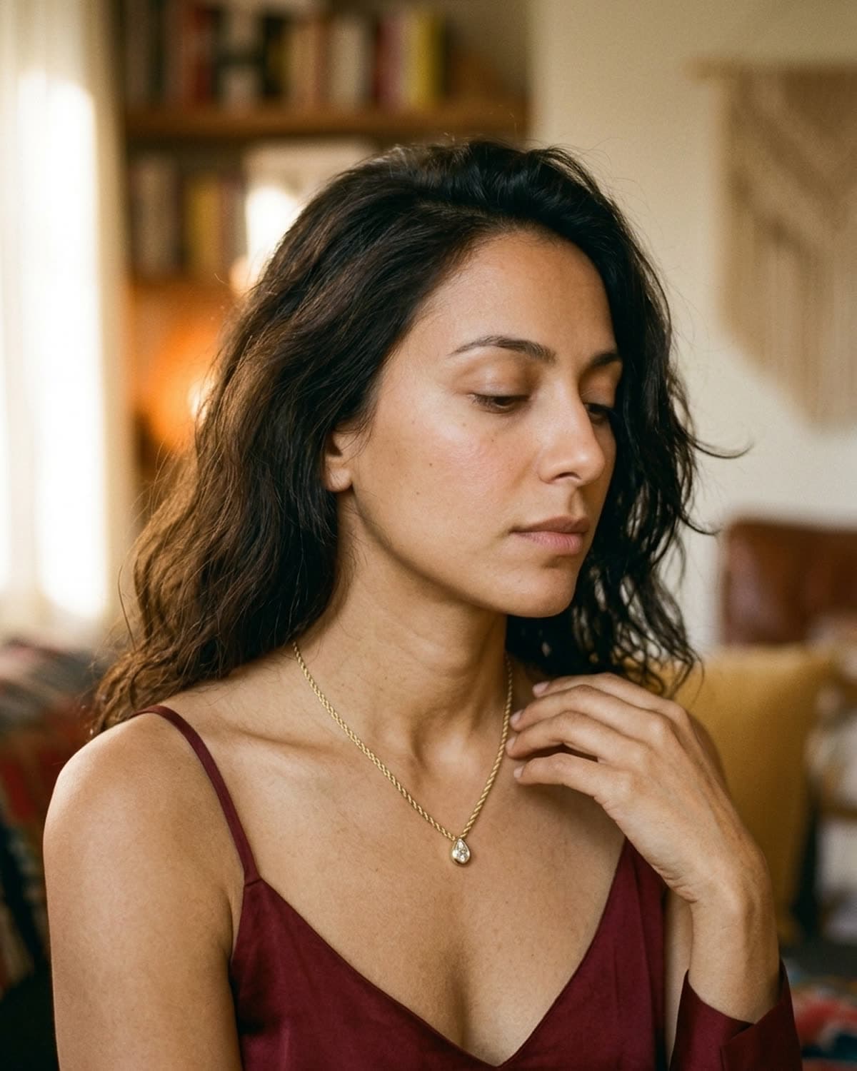necklace photographed with bling ai — collarbone, oxblood silk