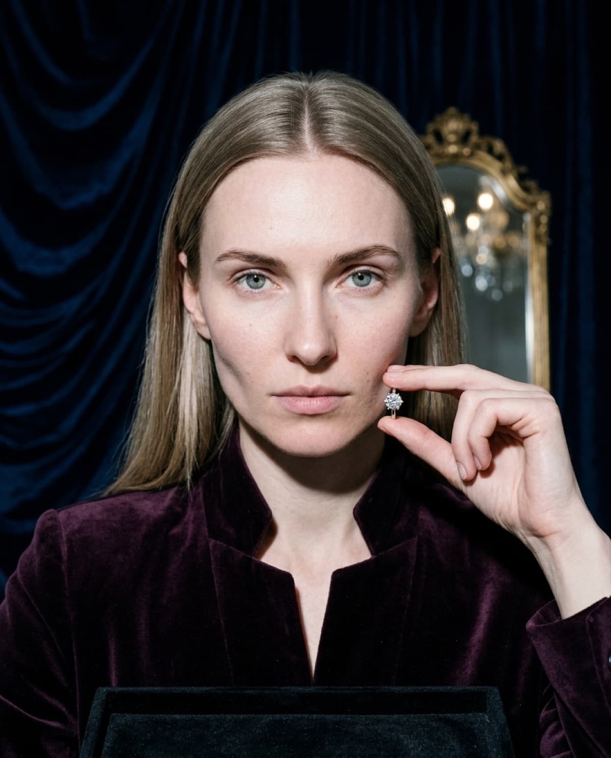 ring photographed with bling ai — anya, navy velvet, solitaire