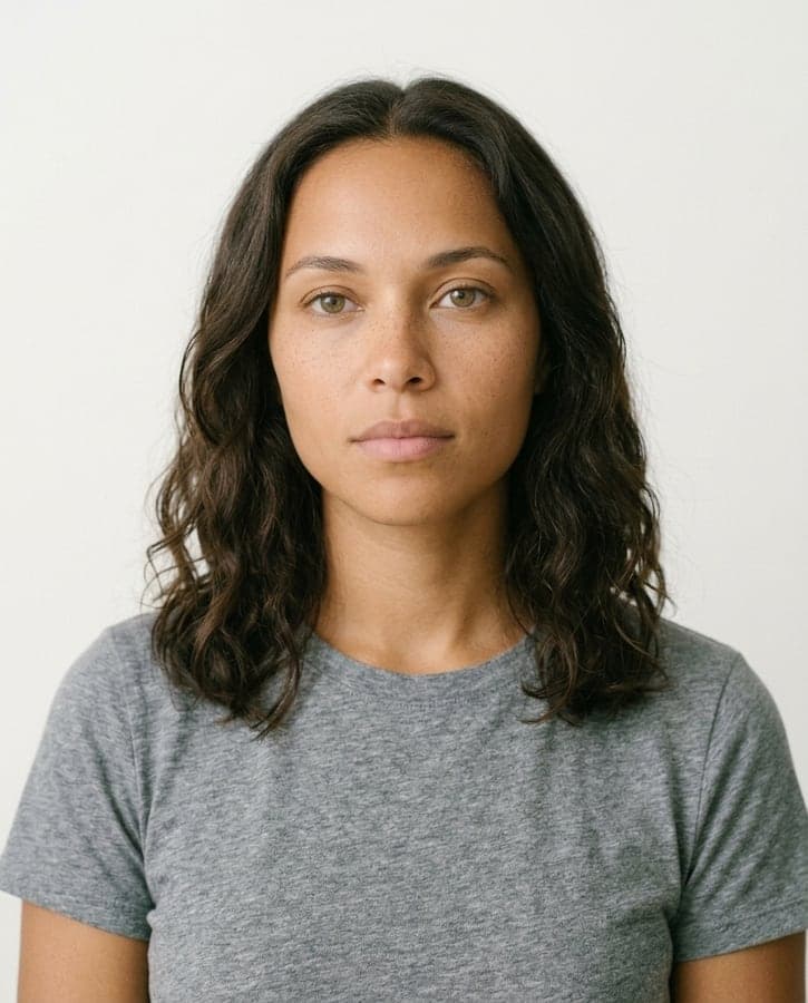 Clara, un mannequin créé dans Studio, sous six angles : trois-quarts, face, profil, gros plan, mains et en pied