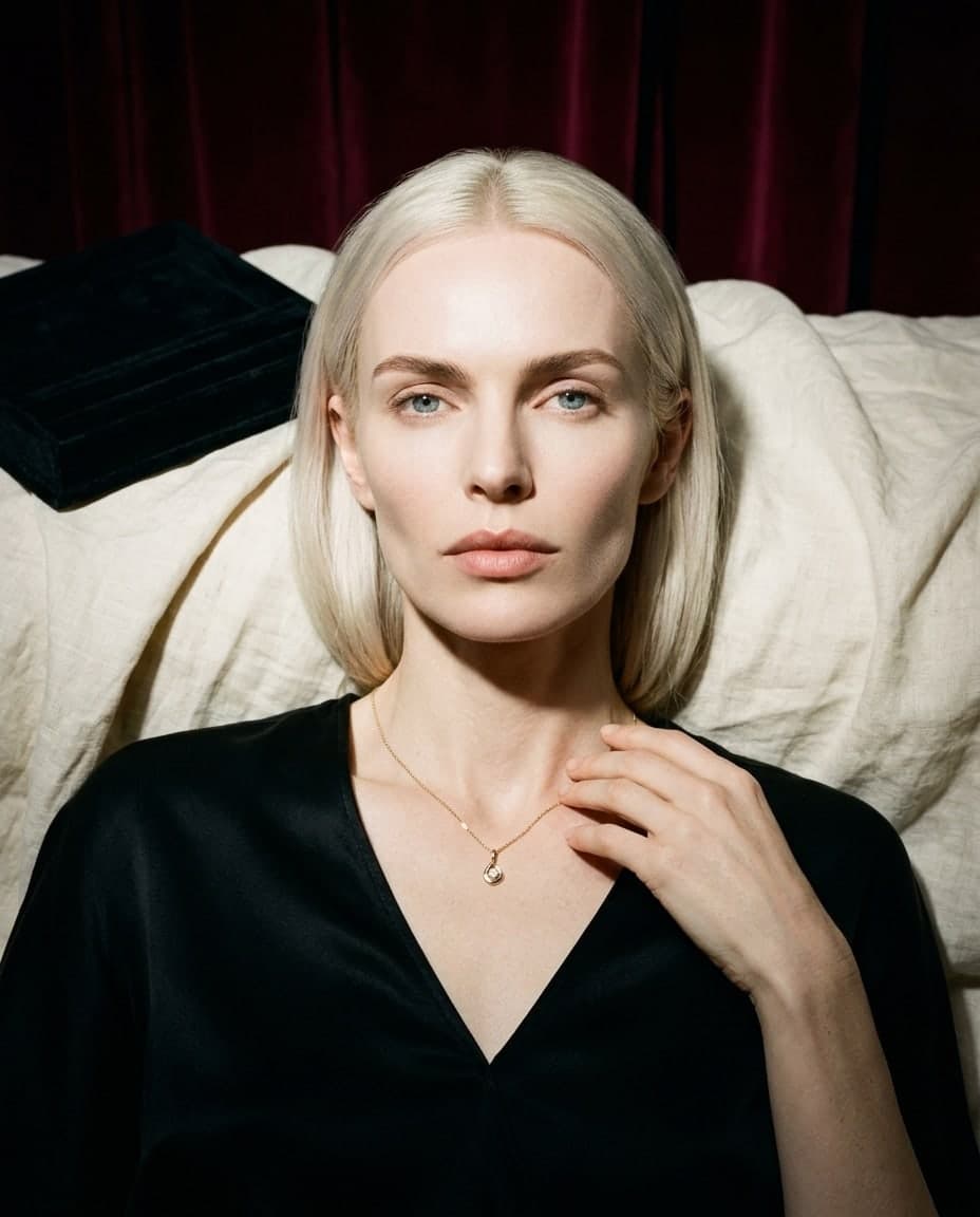 Une photo de mannequin : une femme blonde vêtue de noir, allongée sur du lin crème