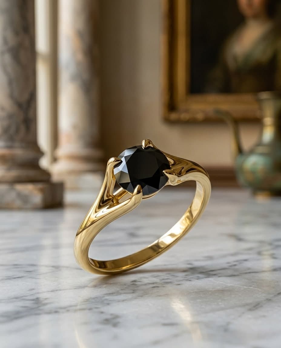 La bague posée sur du marbre, dans un intérieur classique baigné de soleil