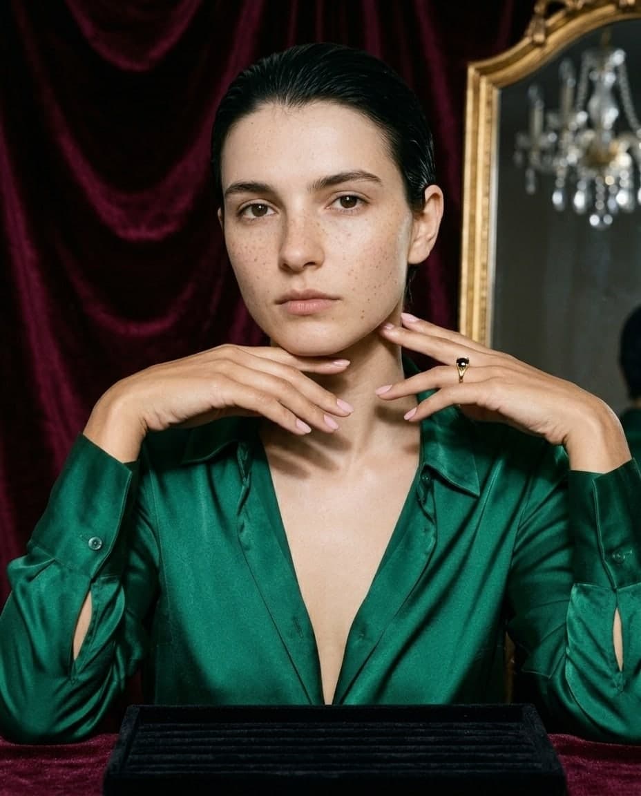 Une variante du visuel Vault : le même mannequin, les mains encadrant son visage