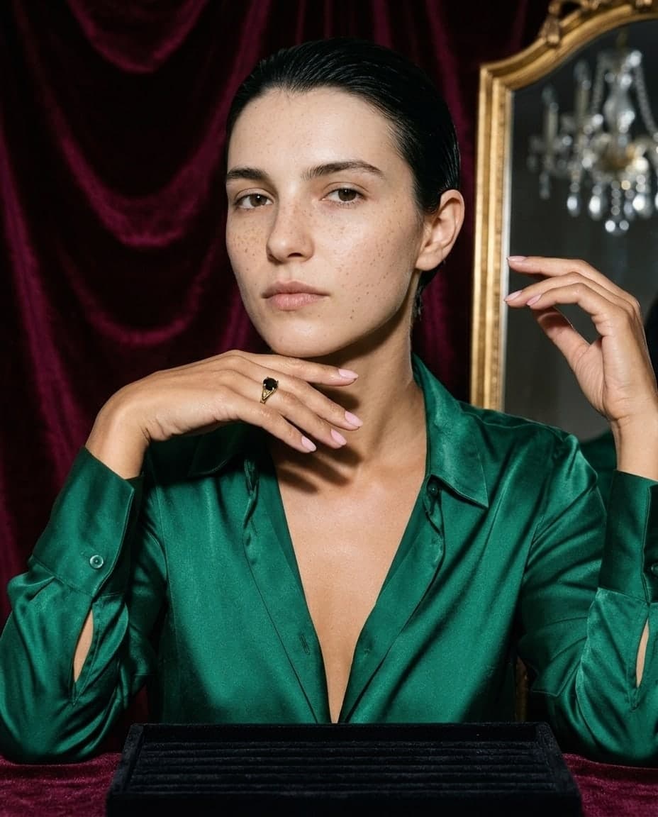 La bague au diamant noir portée par un mannequin en satin vert, devant un velours rouge et un miroir doré