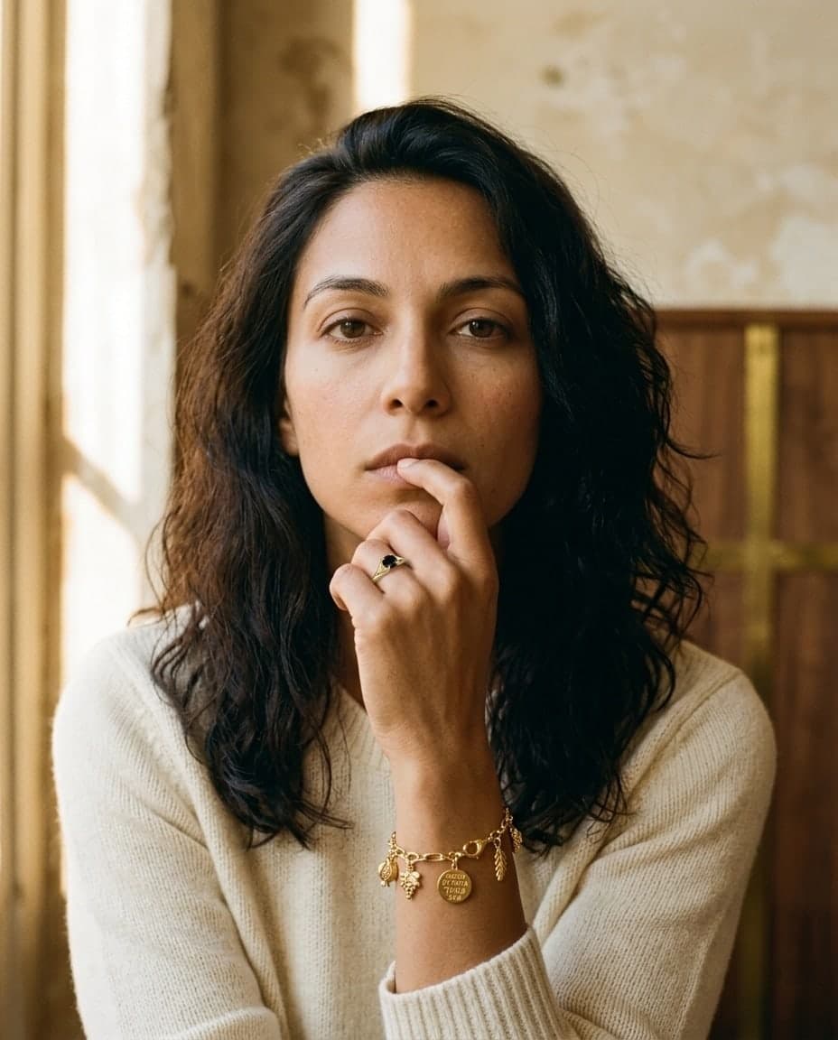 La bague à la main d’un mannequin, la main sous le menton, dans un intérieur chaleureux en bois