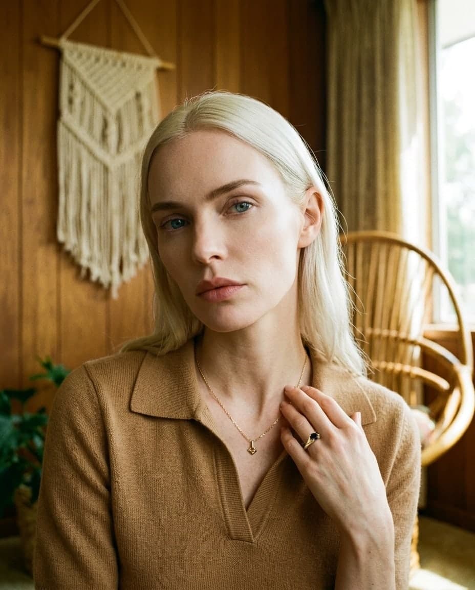 La bague à la main d’un mannequin, dans une pièce lambrissée des années 1970