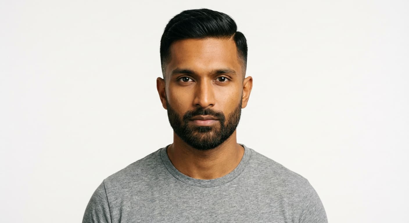 arjun — modern indian luxury ai male house model, rich brown skin, neat full beard portrait