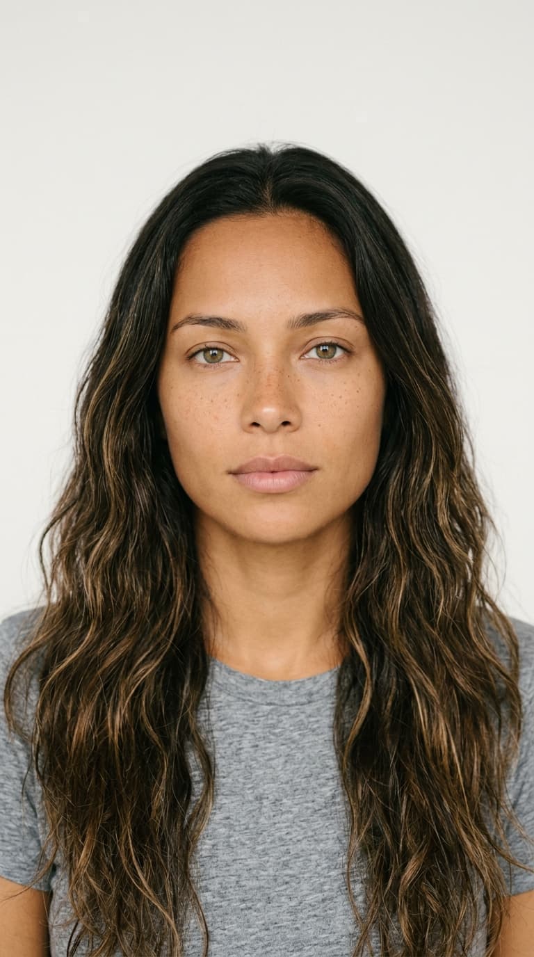 camila — sun-warmed ai house model, hazel-green eyes, caramel hair, mediterranean ease portrait