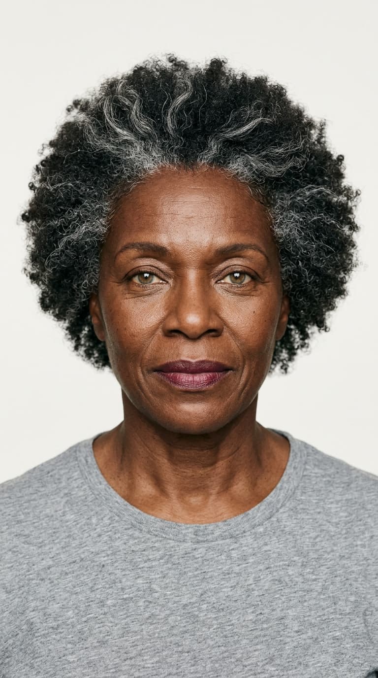eleanor — heritage character ai house model, 62, dark brown skin, silver-streaked afro, age-positive portrait
