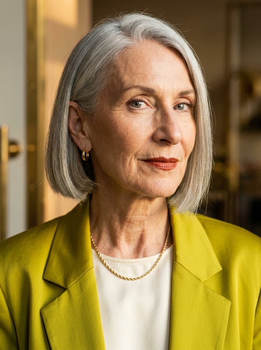 iris — eighty-year-old ai house model in chartreuse silk blazer, vogue-editorial aesthetic, hazel eyes, silver bob
