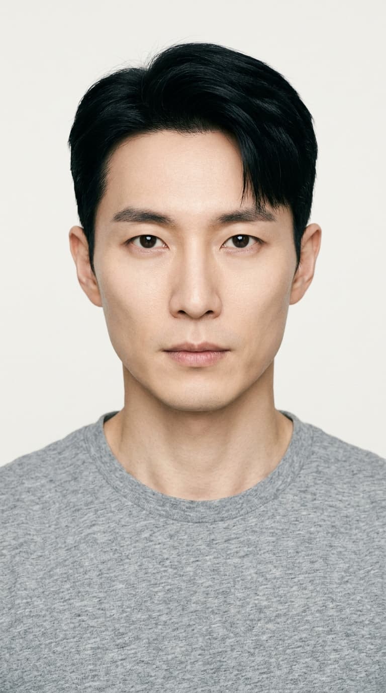 jin-soo — modern power ai male house model, clean korean modern cut, composed restraint portrait