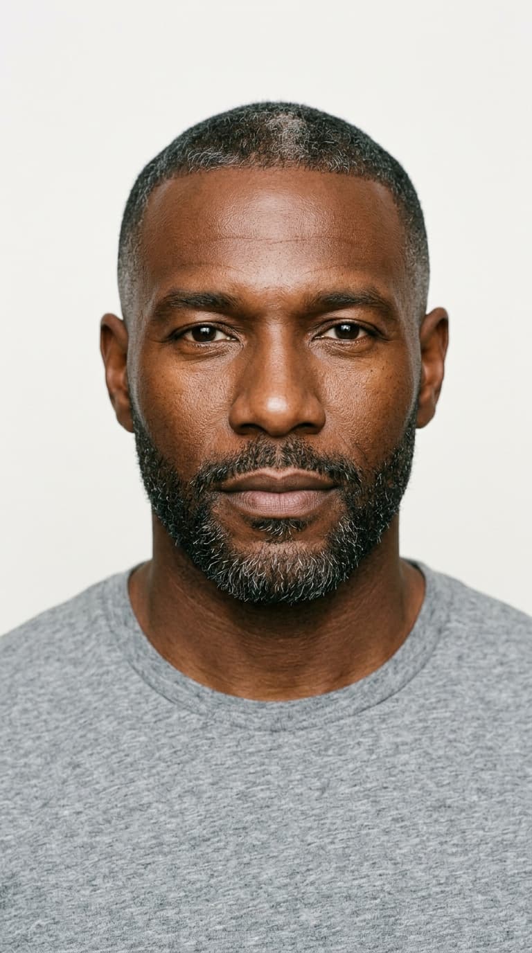 marcus — mature power ai male house model, early 40s, dark brown skin, salt-and-pepper beard portrait