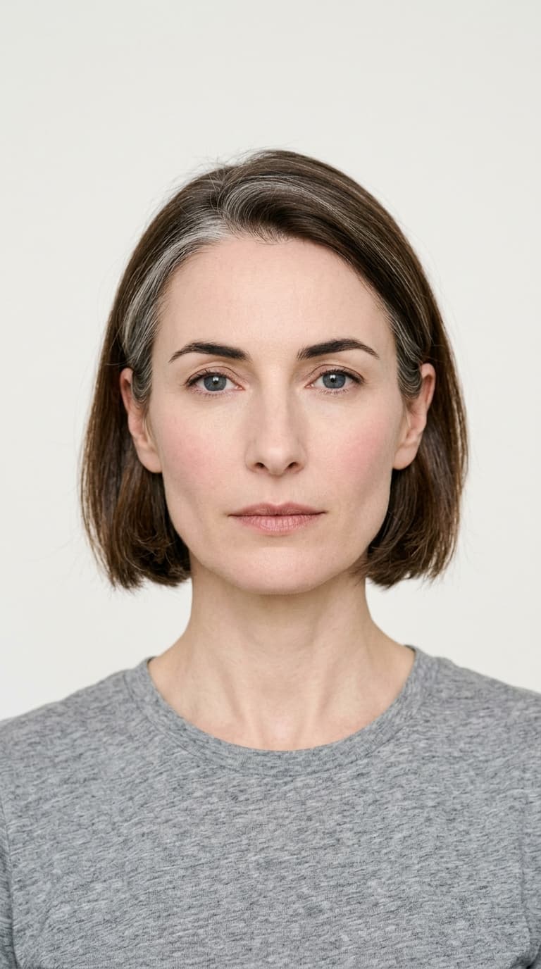 margot — french restraint ai house model, late 40s, side-parted bob, silver temple streaks portrait