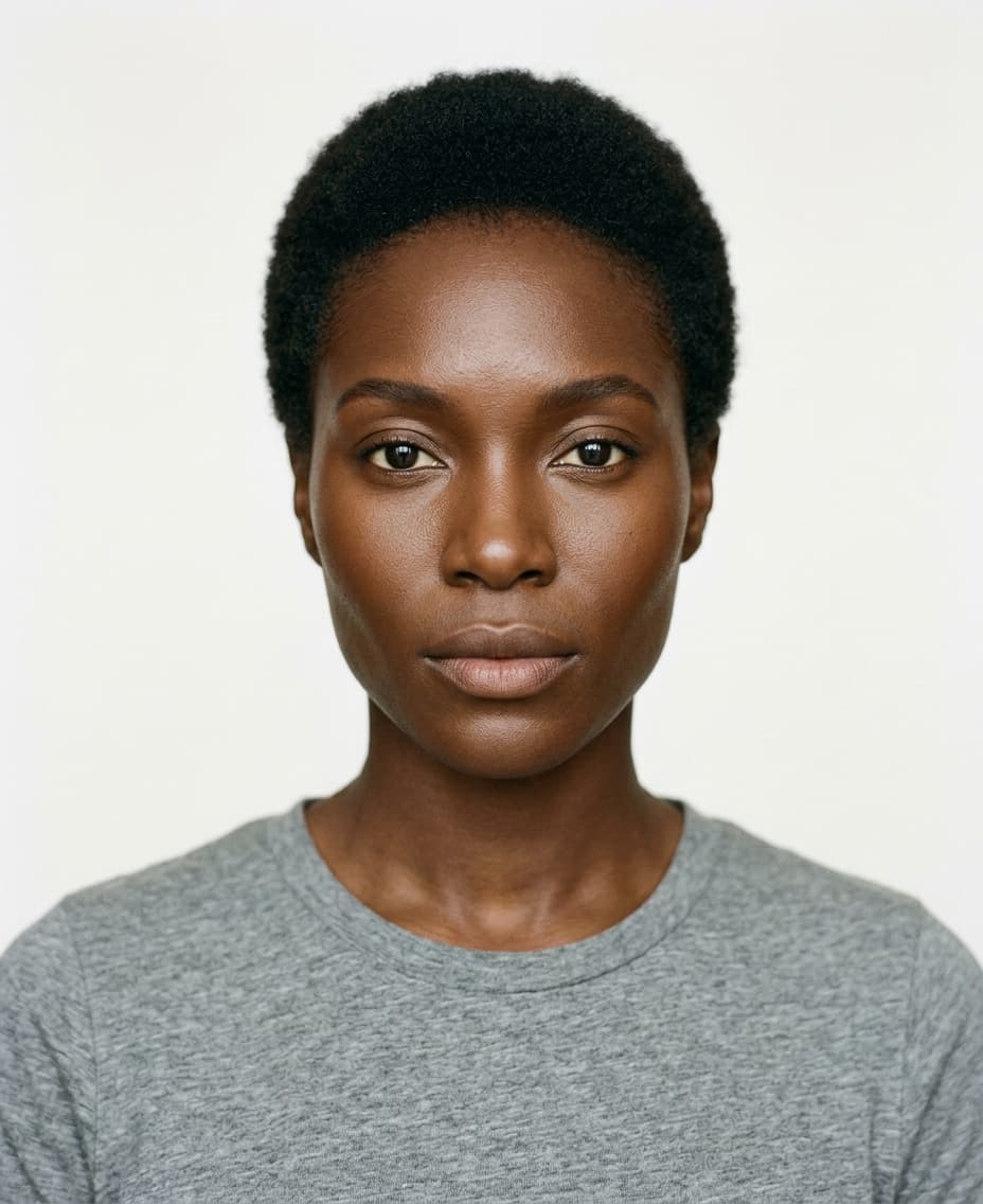 naomi — coastal warmth ai house model, deep umber skin, cropped afro, calm grounded portrait