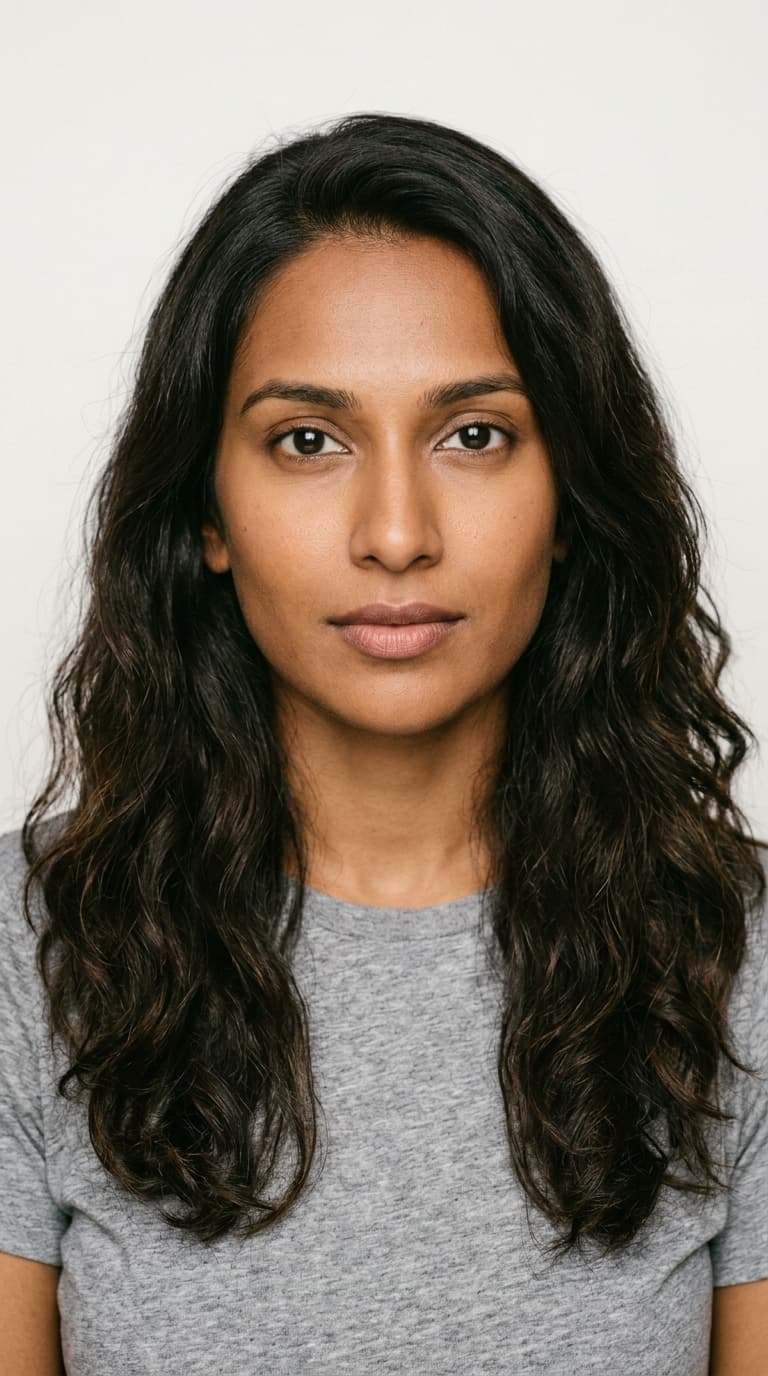priya — warm goldwork ai house model, rich brown skin, long dark waves, devotional luxury portrait