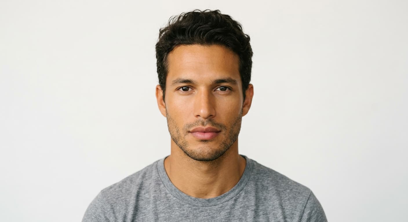 rafael — mediterranean warmth ai male house model, olive skin, tousled dark waves, 5-day stubble portrait