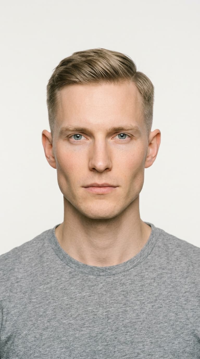 theo — modern menswear ai male house model, dirty blond fade, pale-blue eyes, northern european portrait