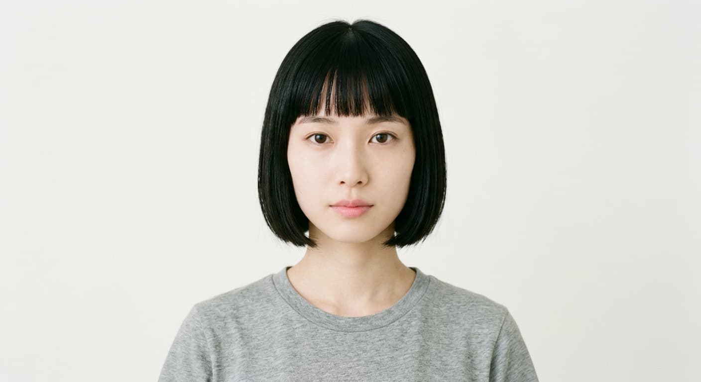 yuki — clean minimal ai house model, porcelain skin, blunt-bang bob, restrained portrait